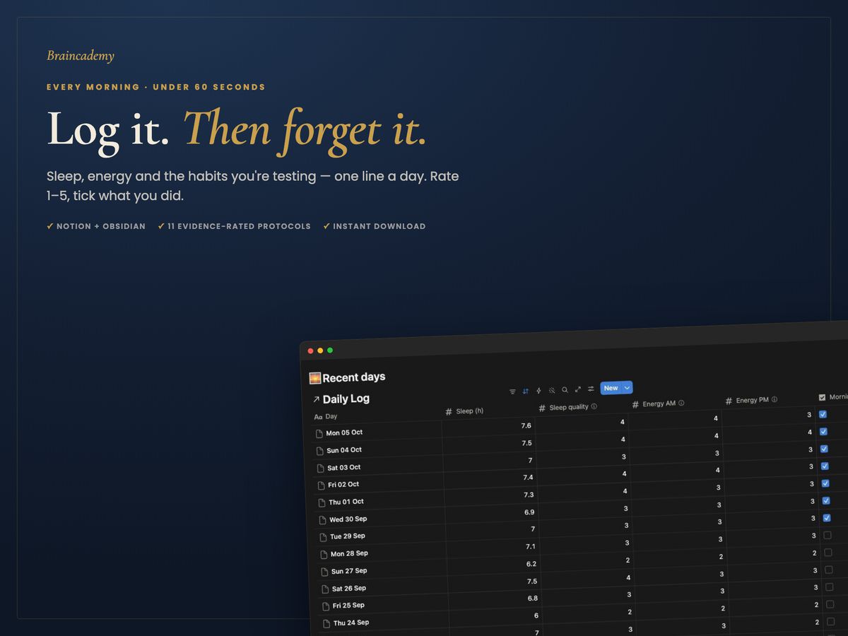 Sleep & Energy OS in Notion: the daily log with sleep hours, sleep quality and energy per day