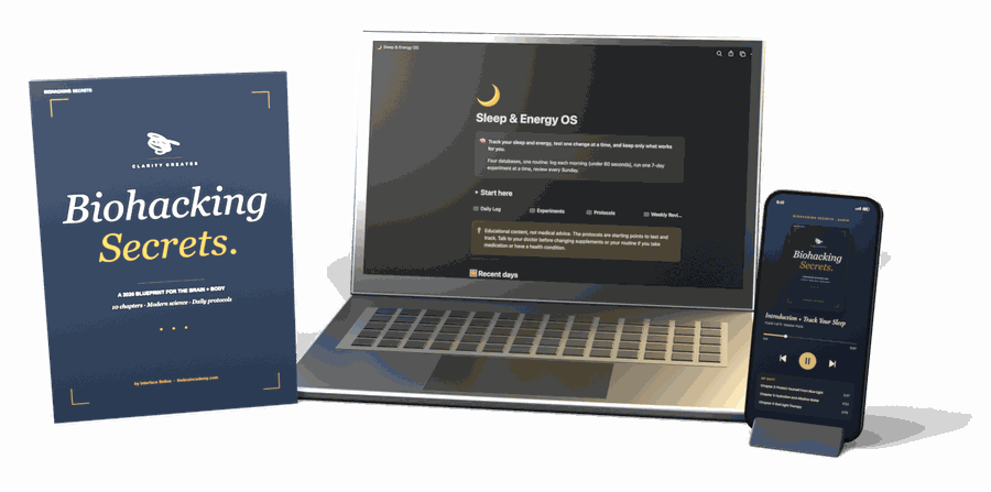 The Master Pack: the Biohacking Secrets guide, the Sleep & Energy OS on a laptop and the audio on a phone